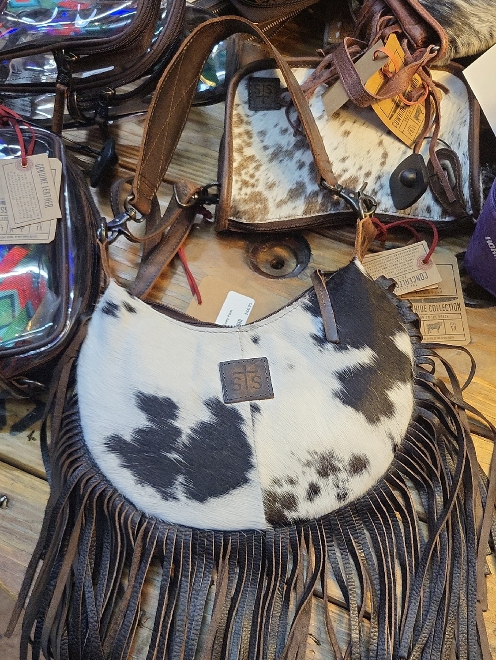 STS Ranchwear Black & White Cowhide Crescent Fringe Shoulder Bag